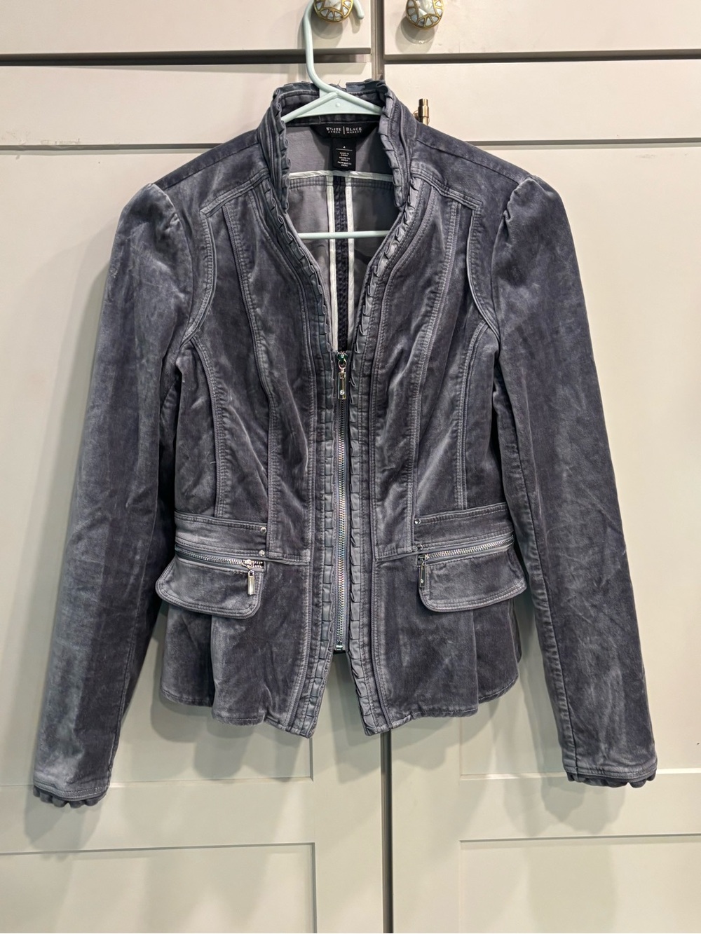 Like New: White House Black Market Gray velvet/velour Zip-Front Peplum Jacket